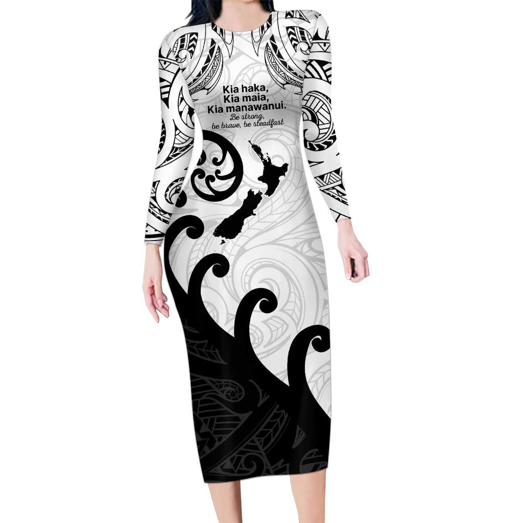 Kia Haka Maori language Long Sleeve Bodycon Dress Te Reo Maori Inspired Art LT9 Long Dress white - Polynesian Pride