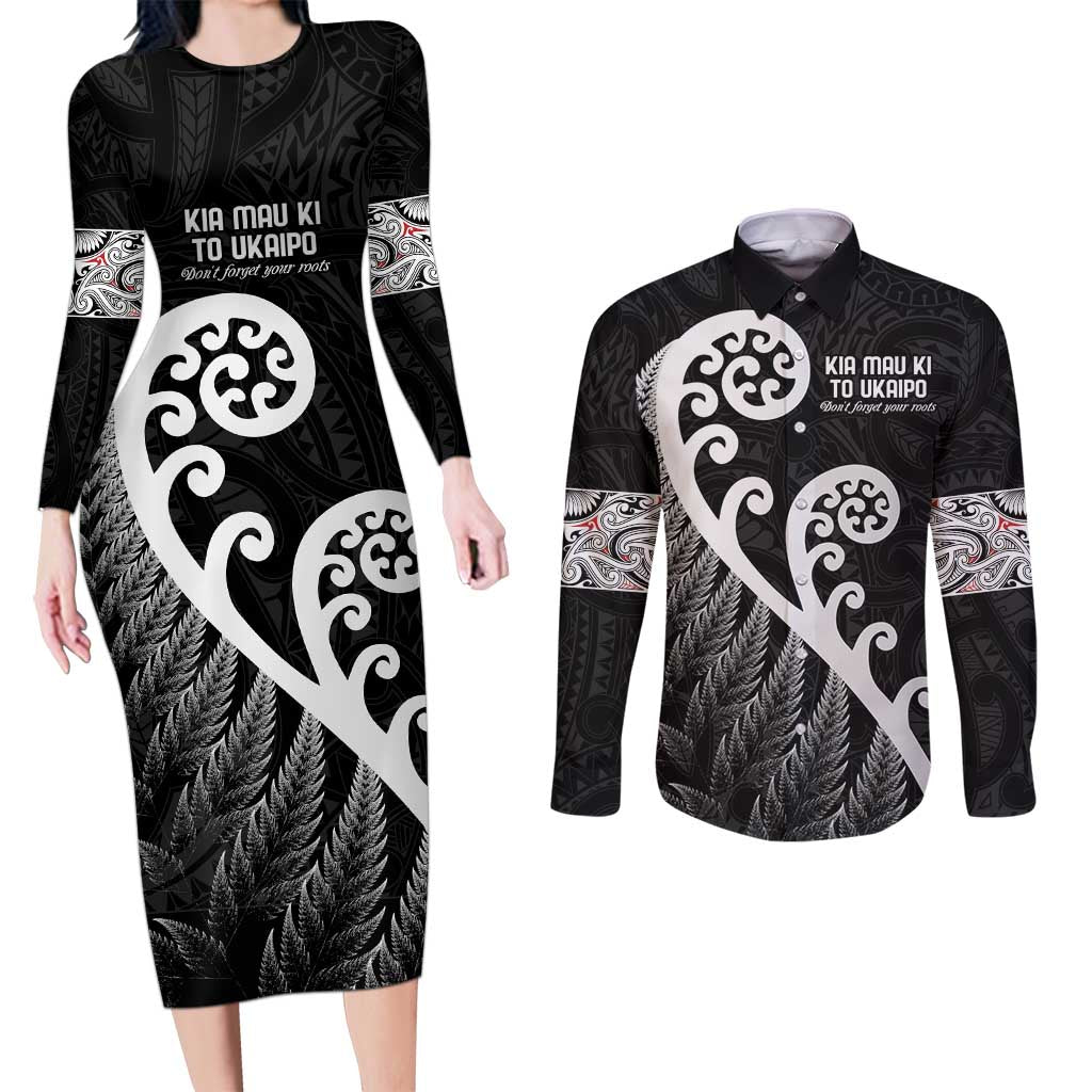 Kia Mau Ki To Ukaipo Couples Matching Long Sleeve Bodycon Dress and Long Sleeve Button Shirt Te Reo Maori Koru Fern Art LT9 Black - Polynesian Pride