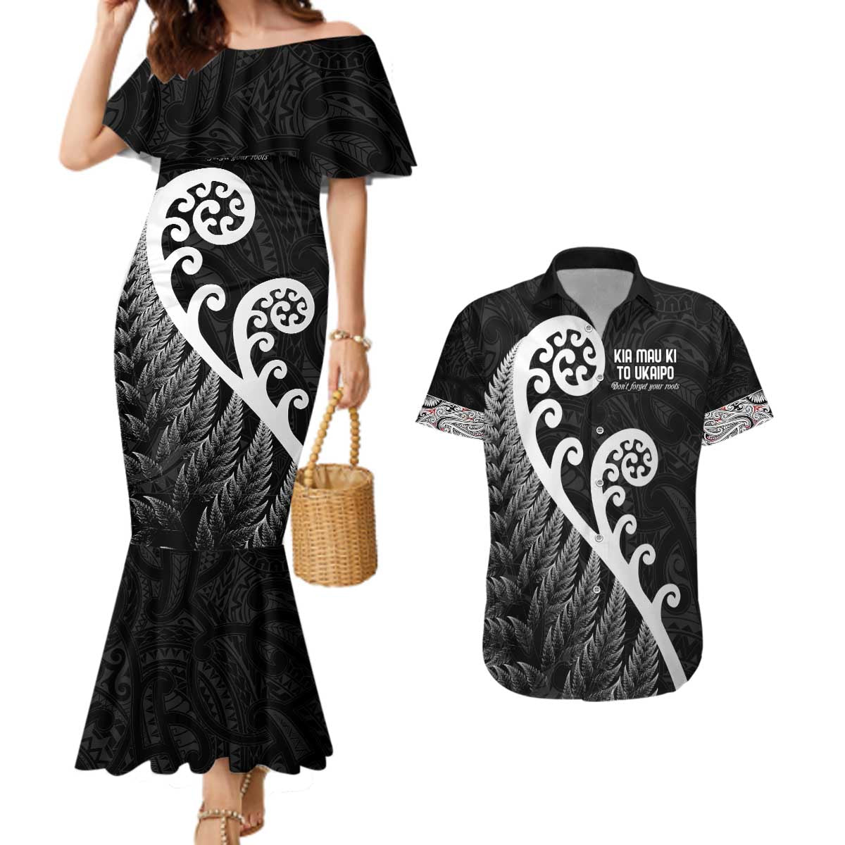 Kia Mau Ki To Ukaipo Couples Matching Mermaid Dress and Hawaiian Shirt Te Reo Maori Koru Fern Art LT9 Black - Polynesian Pride