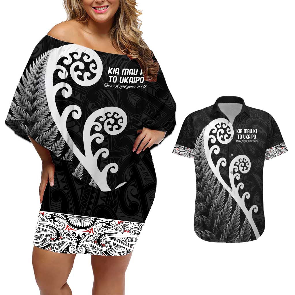 Kia Mau Ki To Ukaipo Couples Matching Off Shoulder Short Dress and Hawaiian Shirt Te Reo Maori Koru Fern Art