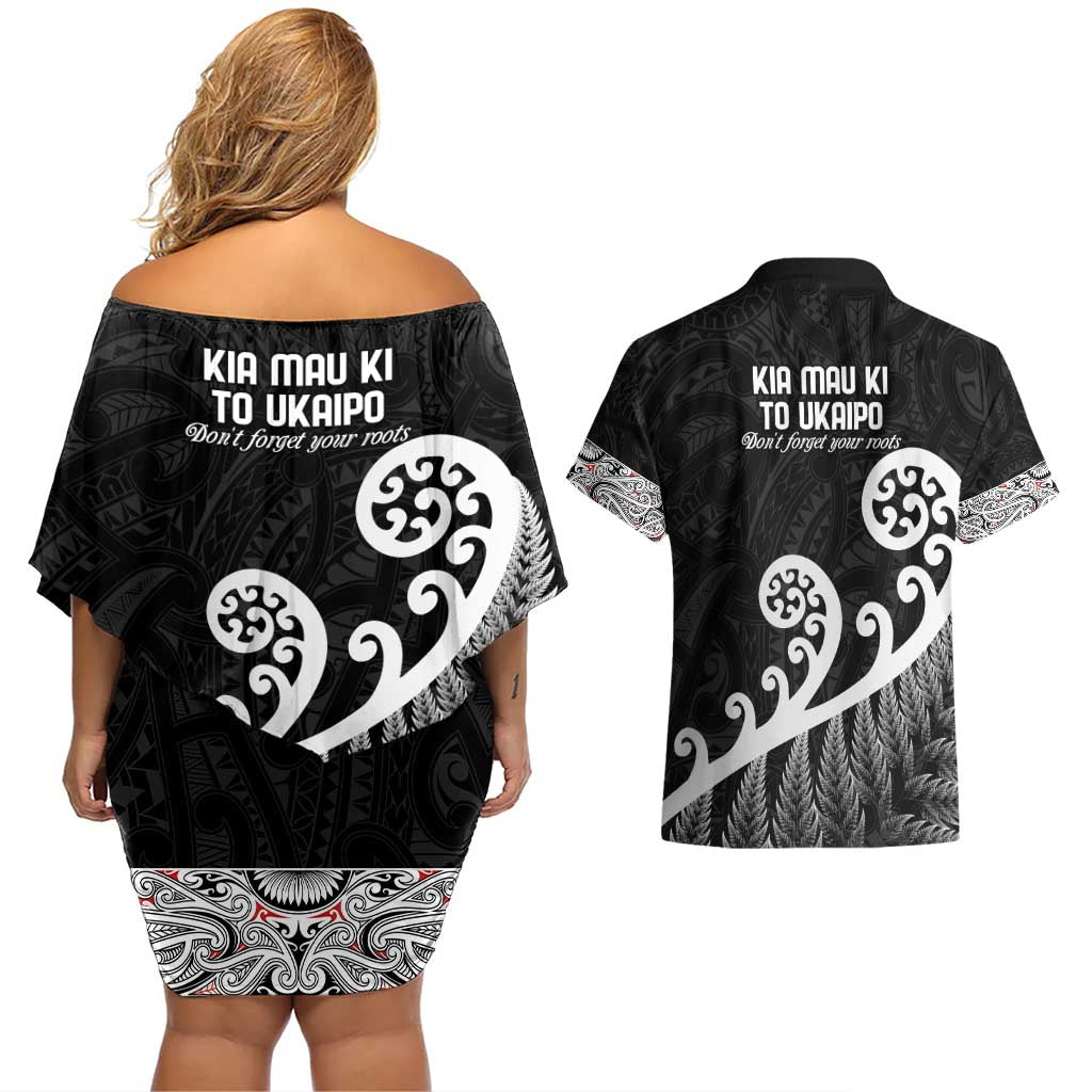Kia Mau Ki To Ukaipo Couples Matching Off Shoulder Short Dress and Hawaiian Shirt Te Reo Maori Koru Fern Art