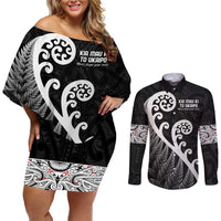 Kia Mau Ki To Ukaipo Couples Matching Off Shoulder Short Dress and Long Sleeve Button Shirt Te Reo Maori Koru Fern Art