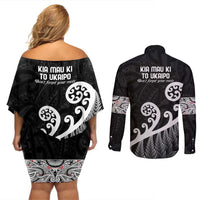 Kia Mau Ki To Ukaipo Couples Matching Off Shoulder Short Dress and Long Sleeve Button Shirt Te Reo Maori Koru Fern Art