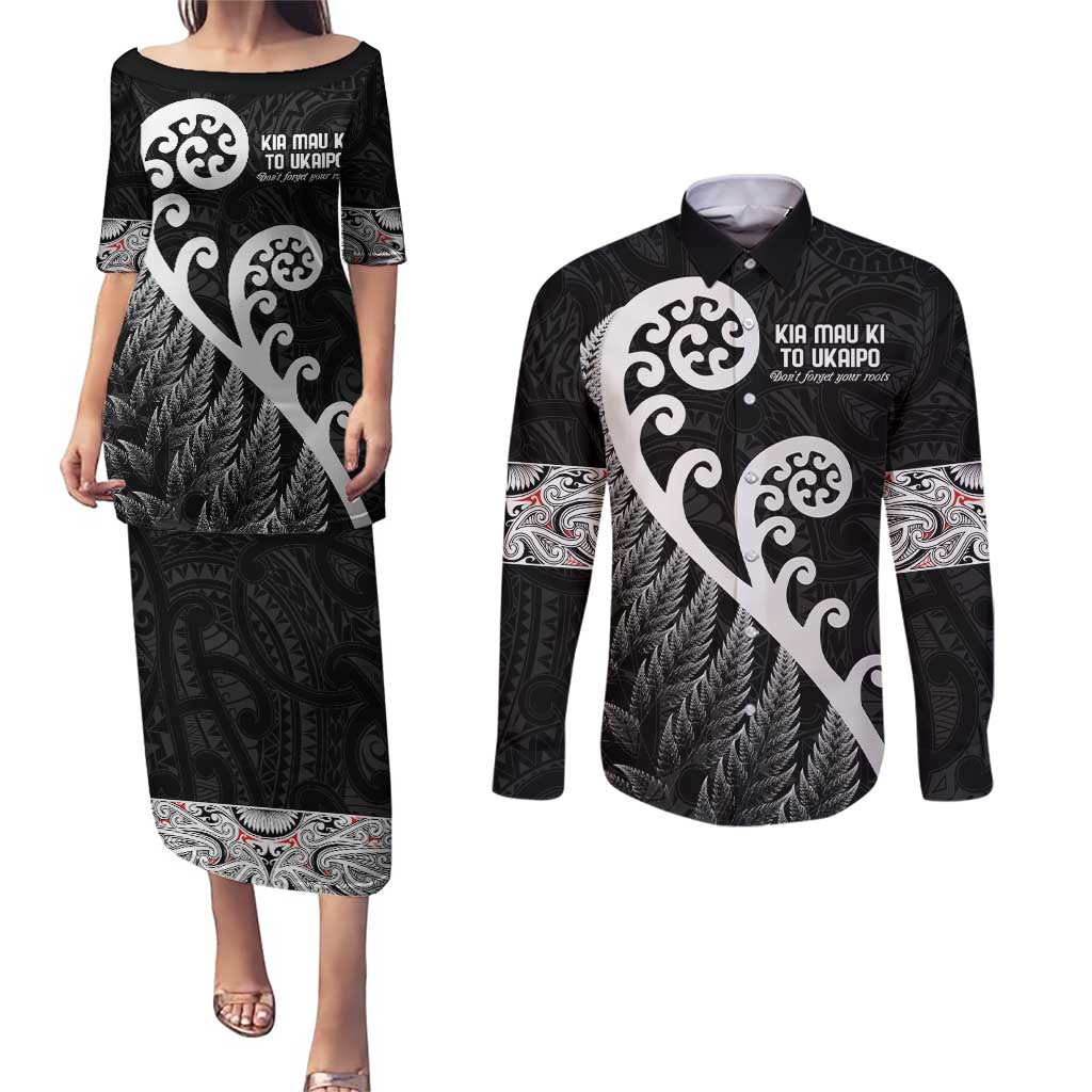 Kia Mau Ki To Ukaipo Couples Matching Puletasi and Long Sleeve Button Shirt Te Reo Maori Koru Fern Art