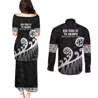 Kia Mau Ki To Ukaipo Couples Matching Puletasi and Long Sleeve Button Shirt Te Reo Maori Koru Fern Art