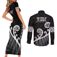 Kia Mau Ki To Ukaipo Couples Matching Short Sleeve Bodycon Dress and Long Sleeve Button Shirt Te Reo Maori Koru Fern Art