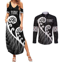 Kia Mau Ki To Ukaipo Couples Matching Summer Maxi Dress and Long Sleeve Button Shirt Te Reo Maori Koru Fern Art