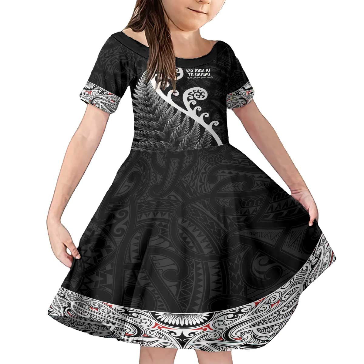 Kia Mau Ki To Ukaipo Family Matching Off The Shoulder Long Sleeve Dress and Hawaiian Shirt Te Reo Maori Koru Fern Art LT9 Daughter's Dress Black - Polynesian Pride