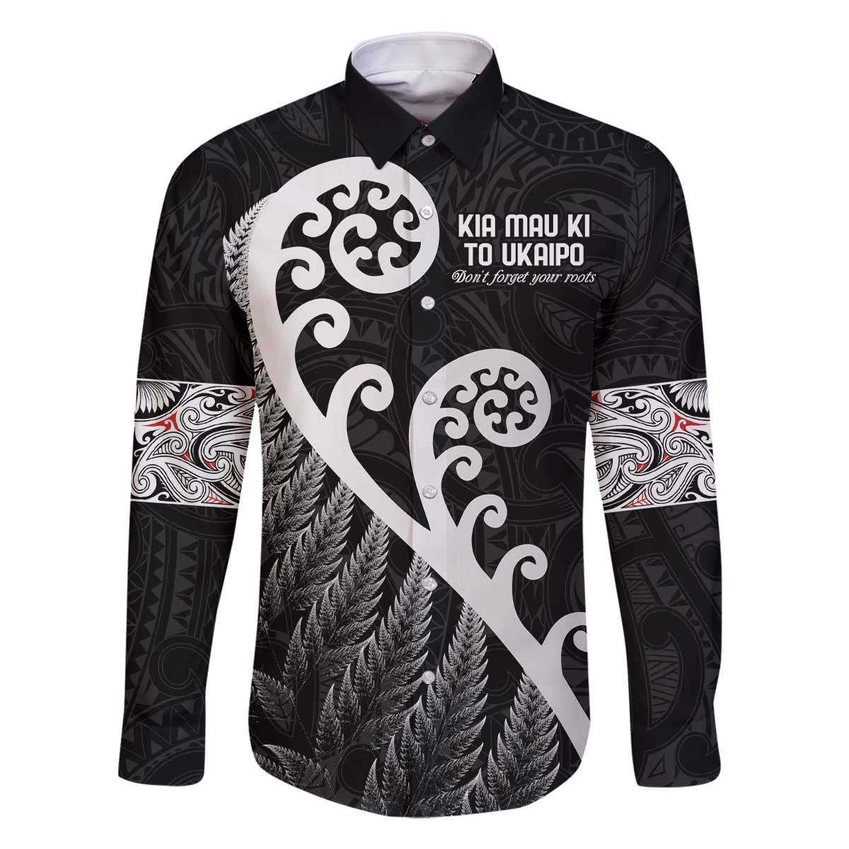 Kia Mau Ki To Ukaipo Family Matching Off The Shoulder Long Sleeve Dress and Hawaiian Shirt Te Reo Maori Koru Fern Art LT9 Dad's Shirt - Long Sleeve Black - Polynesian Pride
