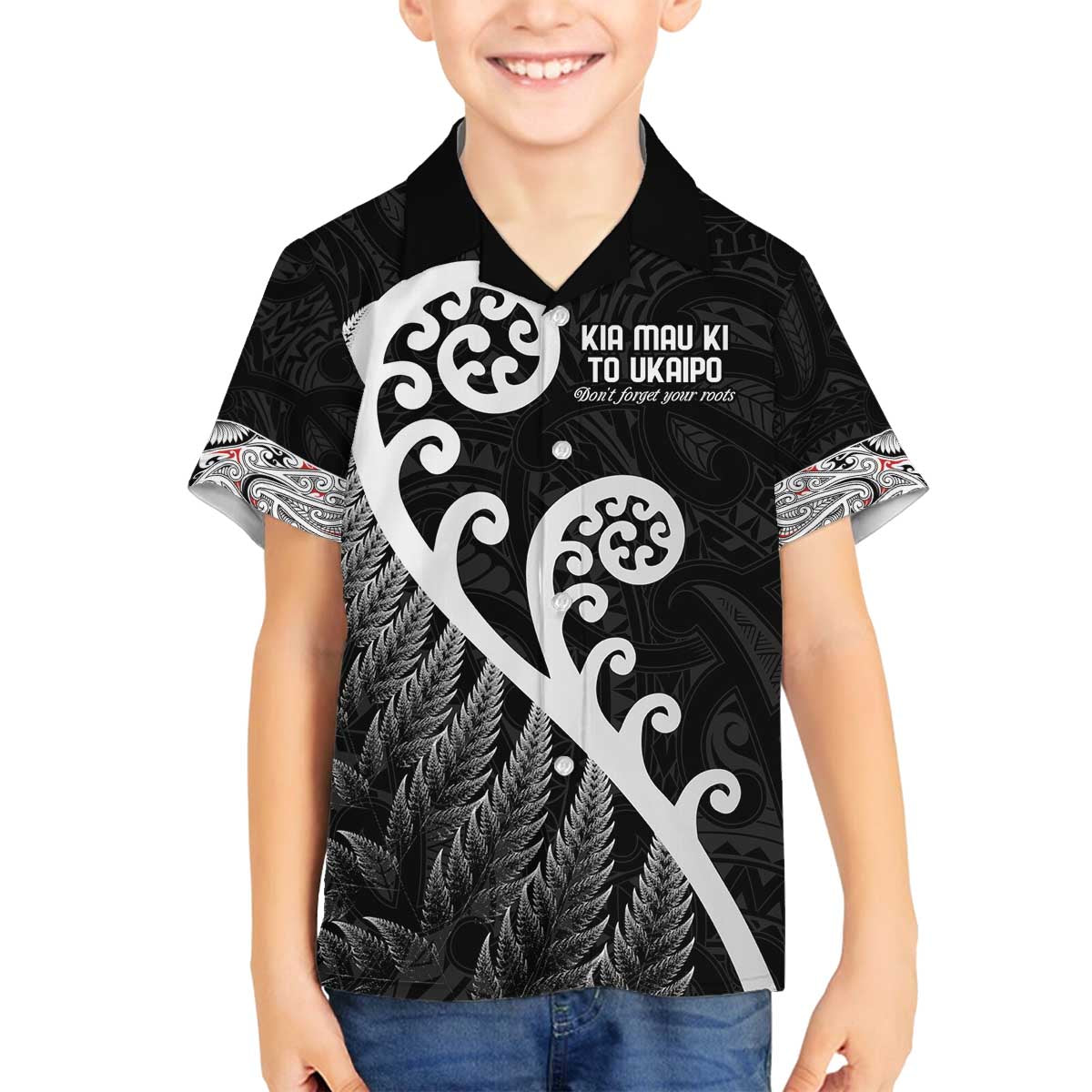 Kia Mau Ki To Ukaipo Family Matching Off The Shoulder Long Sleeve Dress and Hawaiian Shirt Te Reo Maori Koru Fern Art LT9 Son's Shirt Black - Polynesian Pride