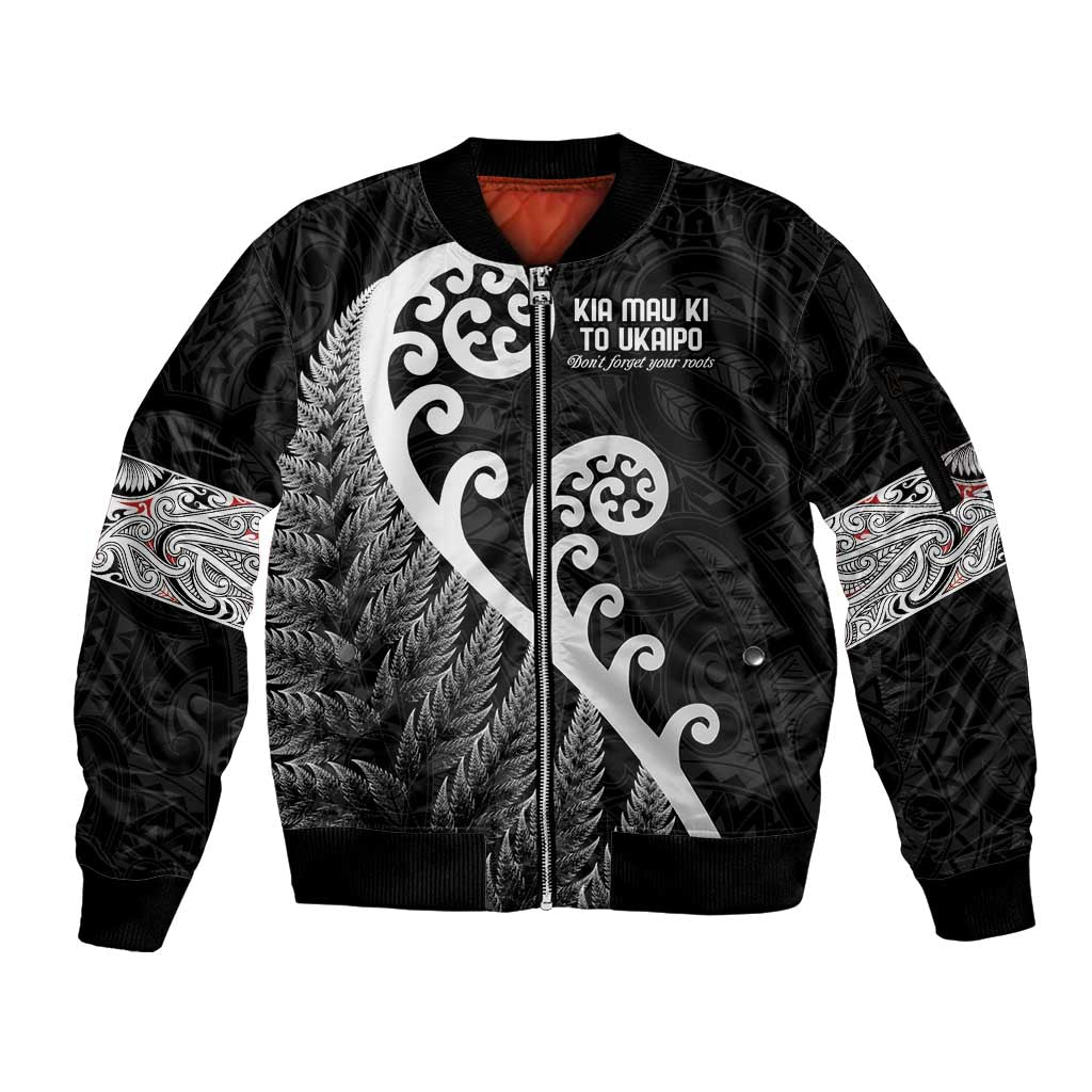 Kia Mau Ki To Ukaipo Sleeve Zip Bomber Jacket Te Reo Maori Koru Fern Art LT9 Unisex Black - Polynesian Pride