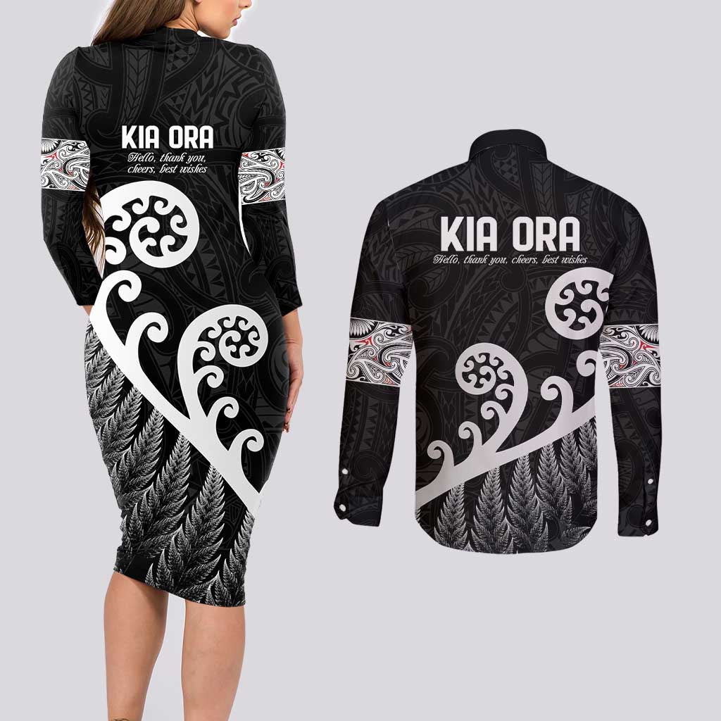Kia Ora Maori Language Couples Matching Long Sleeve Bodycon Dress and Long Sleeve Button Shirt Te Reo Maori Koru Fern Art