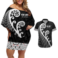 Kia Ora Maori Language Couples Matching Off Shoulder Short Dress and Hawaiian Shirt Te Reo Maori Koru Fern Art