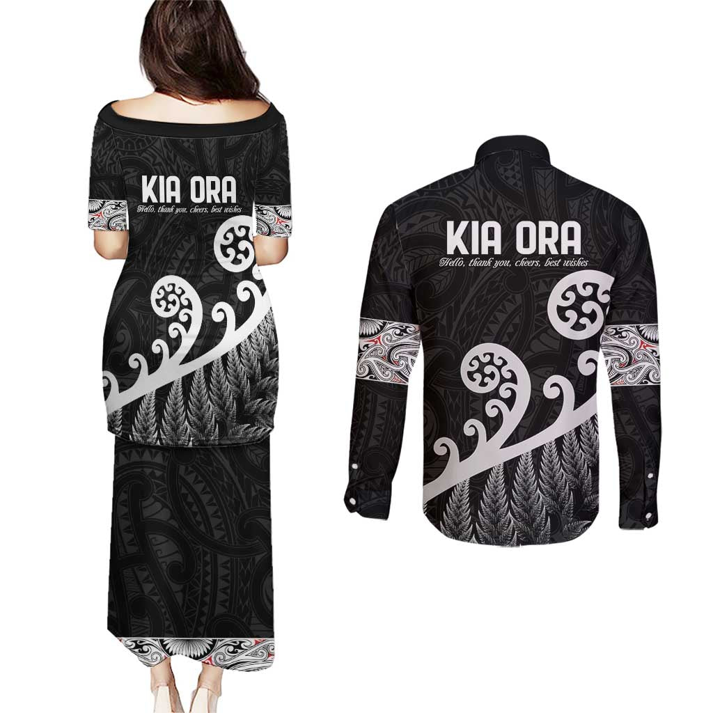Kia Ora Maori Language Couples Matching Puletasi and Long Sleeve Button Shirt Te Reo Maori Koru Fern Art