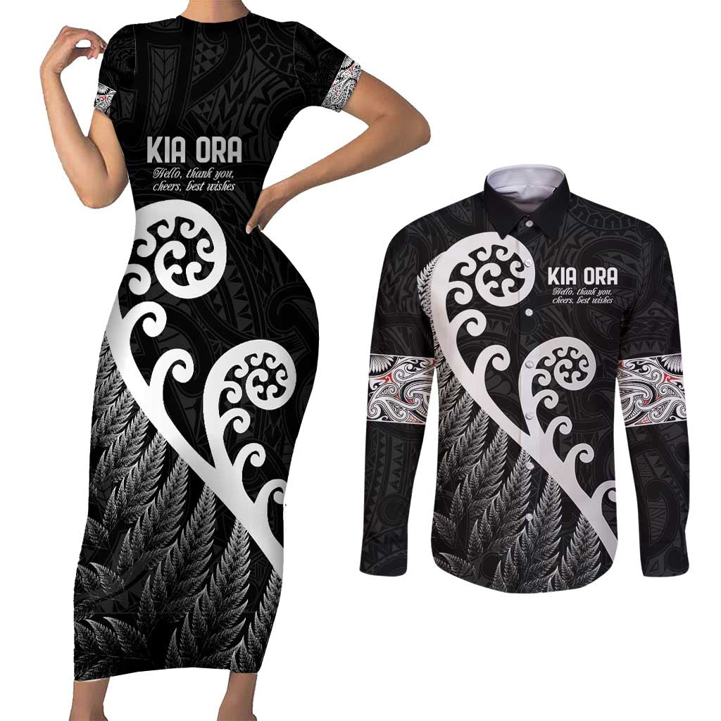 Kia Ora Maori Language Couples Matching Short Sleeve Bodycon Dress and Long Sleeve Button Shirt Te Reo Maori Koru Fern Art