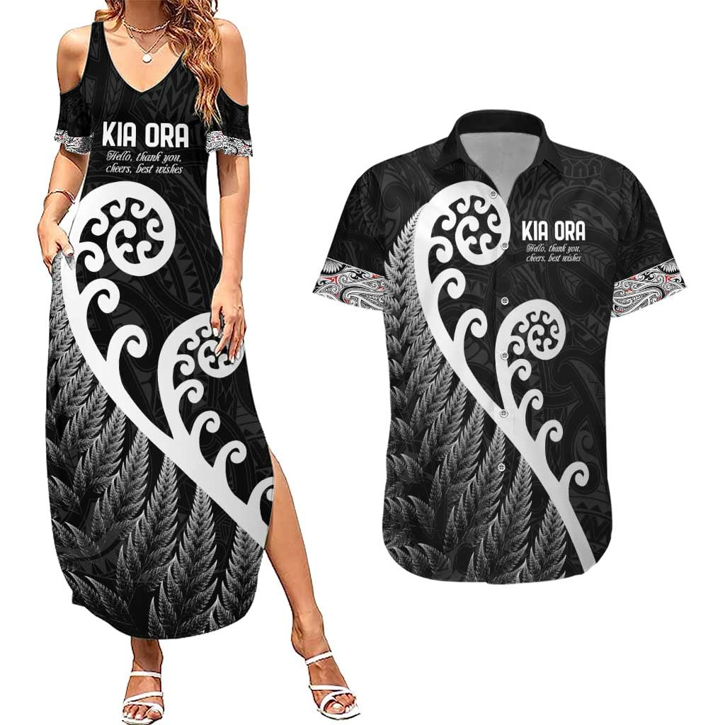 Kia Ora Maori Language Couples Matching Summer Maxi Dress and Hawaiian Shirt Te Reo Maori Koru Fern Art