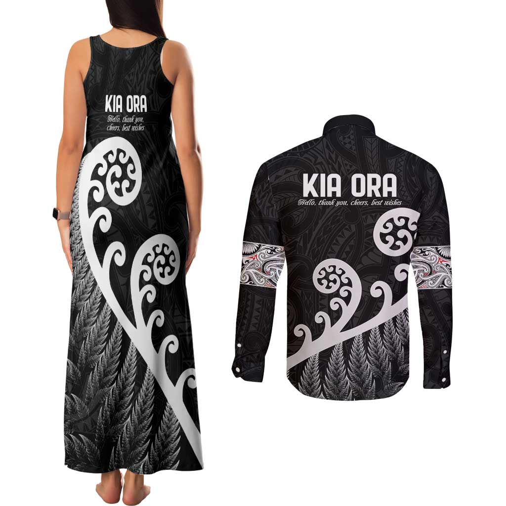 Kia Ora Maori Language Couples Matching Tank Maxi Dress and Long Sleeve Button Shirt Te Reo Maori Koru Fern Art