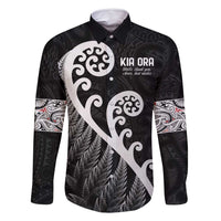 Kia Ora Maori Language Family Matching Long Sleeve Bodycon Dress and Hawaiian Shirt Te Reo Maori Koru Fern Art LT9 Dad's Shirt - Long Sleeve Black - Polynesian Pride