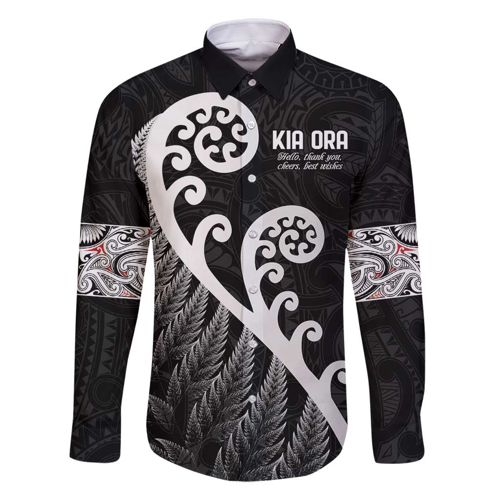Kia Ora Maori Language Family Matching Mermaid Dress and Hawaiian Shirt Te Reo Maori Koru Fern Art LT9 Dad's Shirt - Long Sleeve Black - Polynesian Pride