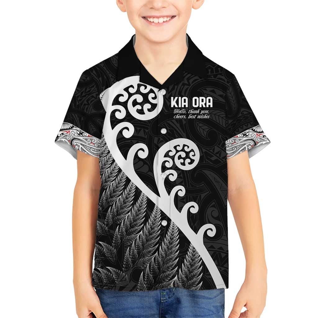 Kia Ora Maori Language Family Matching Off Shoulder Short Dress and Hawaiian Shirt Te Reo Maori Koru Fern Art LT9 Son's Shirt Black - Polynesian Pride