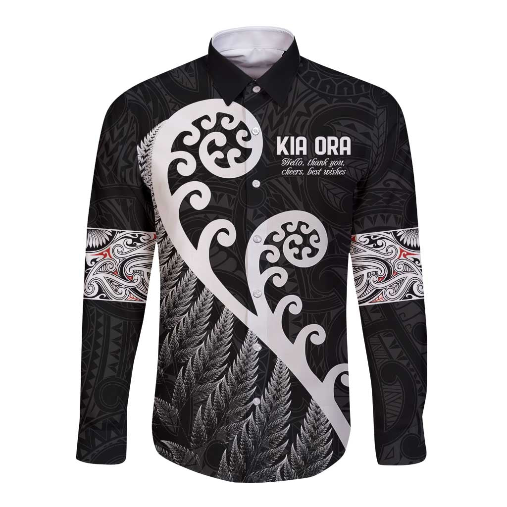 Kia Ora Maori Language Long Sleeve Button Shirt Te Reo Maori Koru Fern Art LT9 Unisex Black - Polynesian Pride
