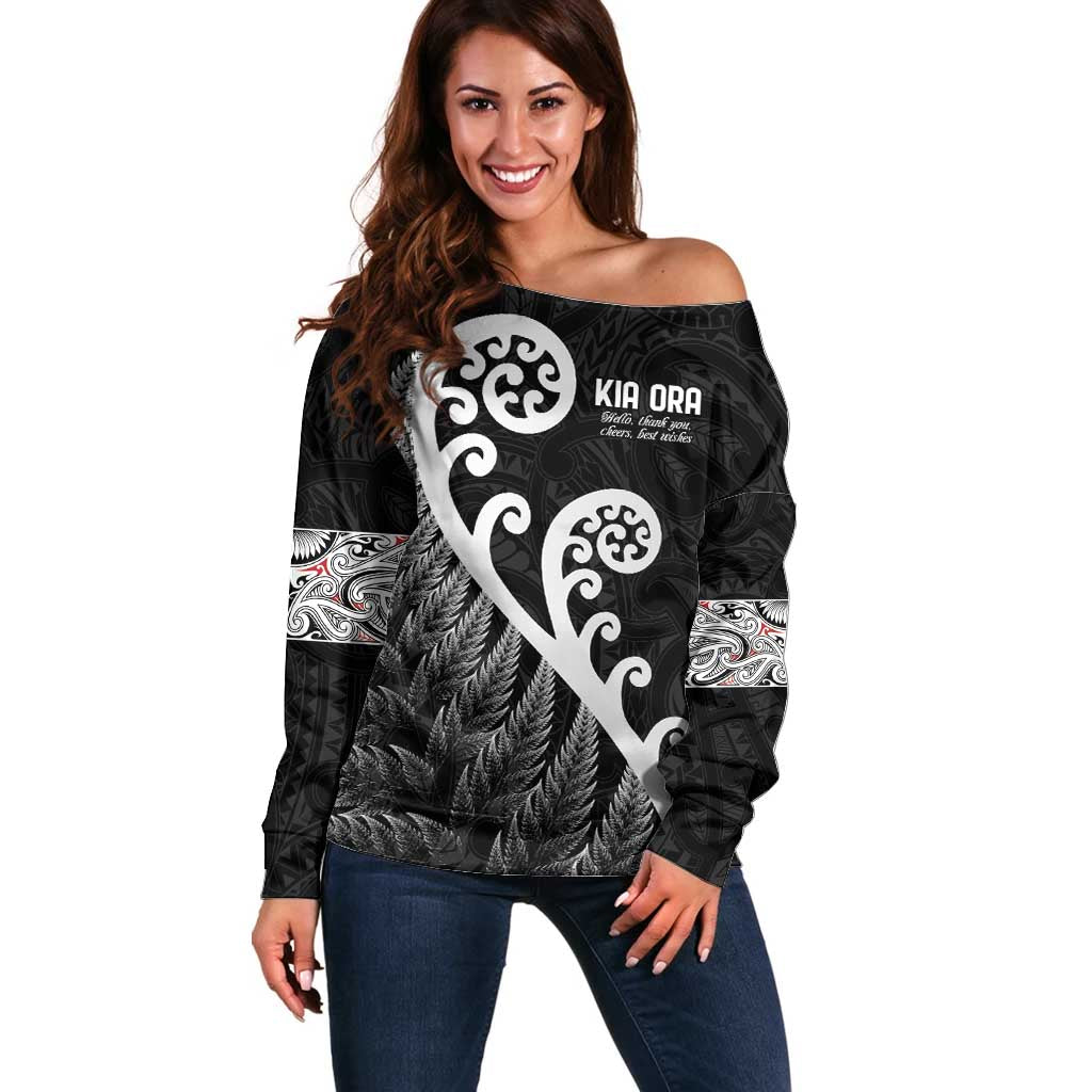 Kia Ora Maori Language Off Shoulder Sweater Te Reo Maori Koru Fern Art LT9 Women Black - Polynesian Pride