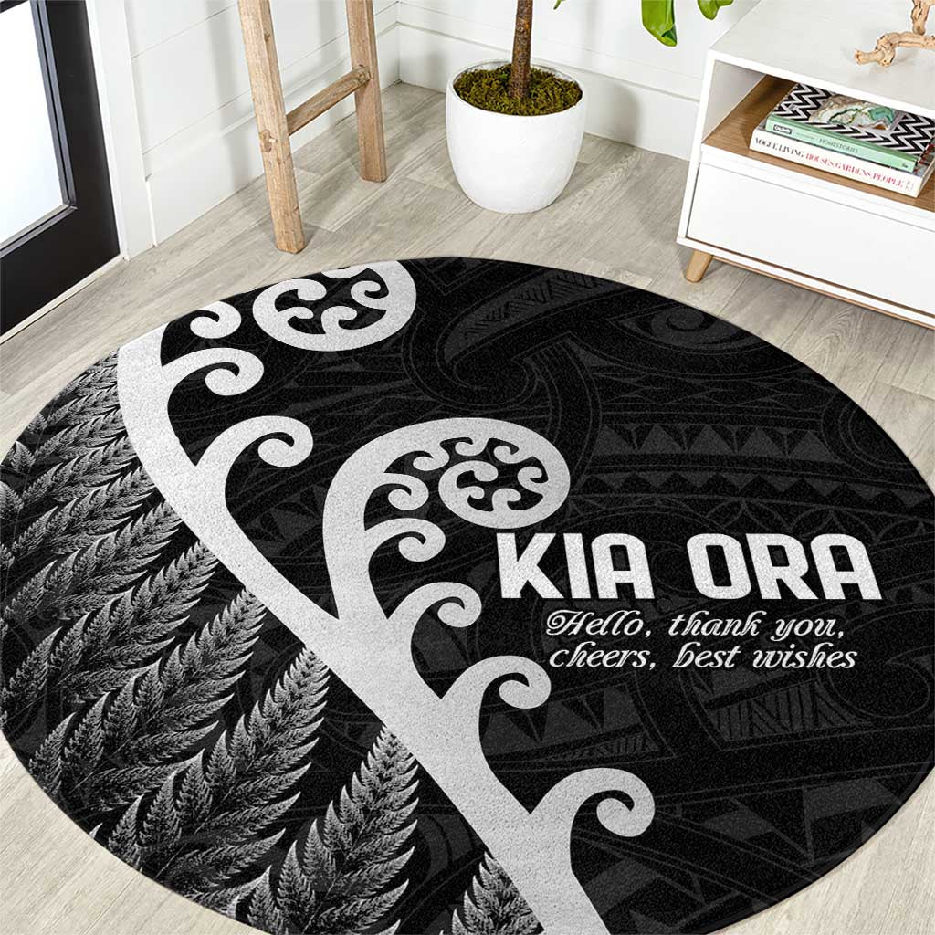 Kia Ora Maori Language Round Carpet Te Reo Maori Koru Fern Art LT9 Black - Polynesian Pride