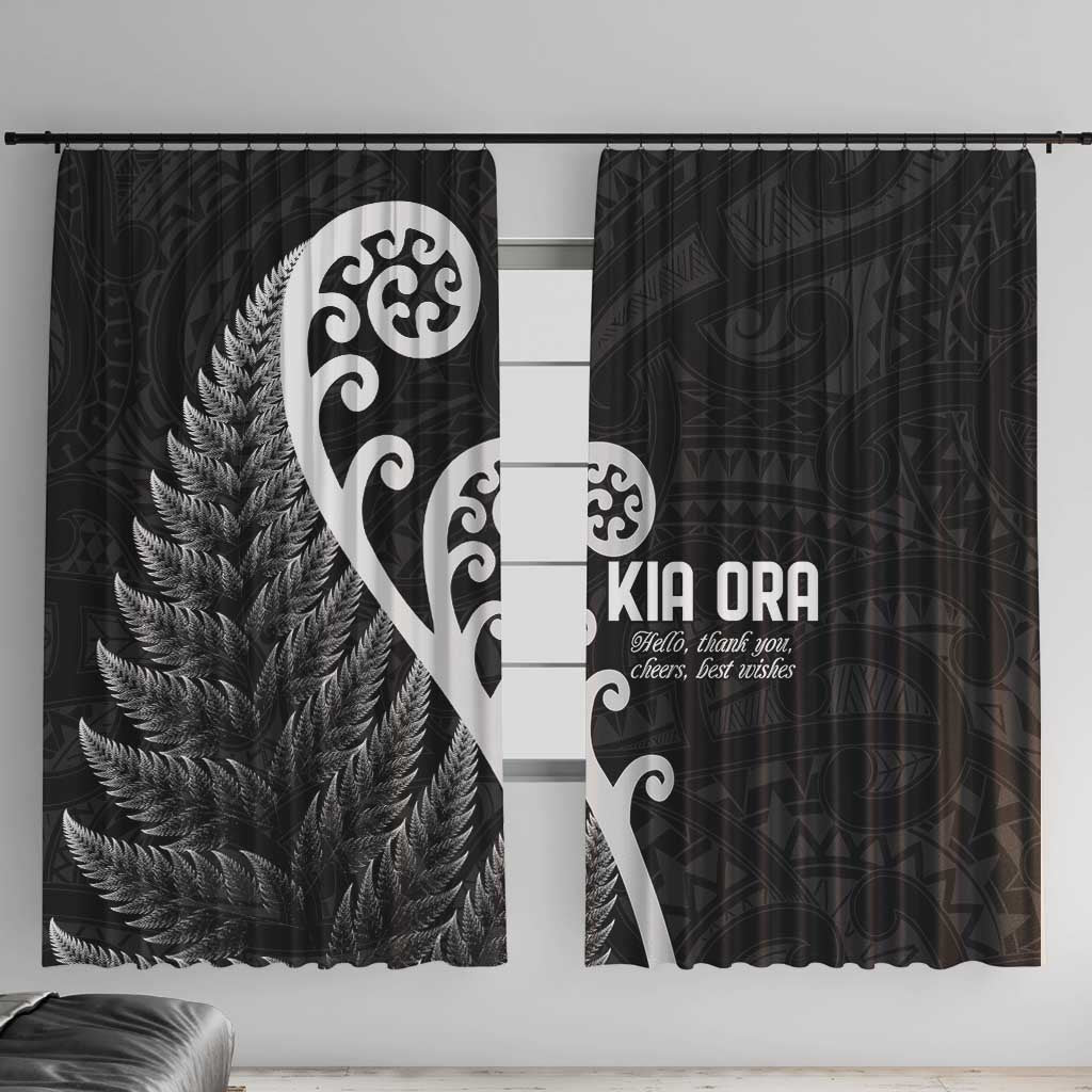 Kia Ora Maori Language Window Curtain Te Reo Maori Koru Fern Art LT9 With Hooks Black - Polynesian Pride