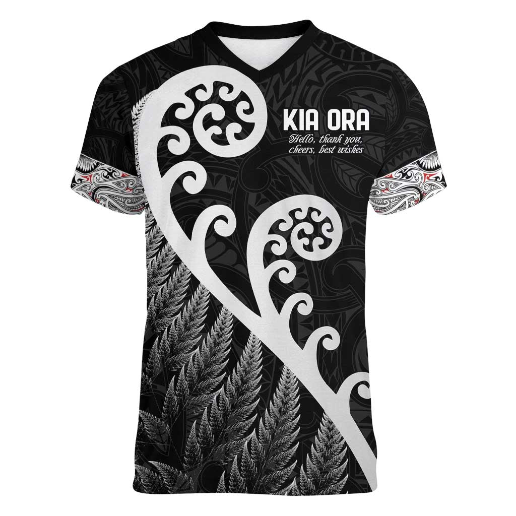 Kia Ora Maori Language Women V-Neck T-Shirt Te Reo Maori Koru Fern Art LT9 Female Black - Polynesian Pride