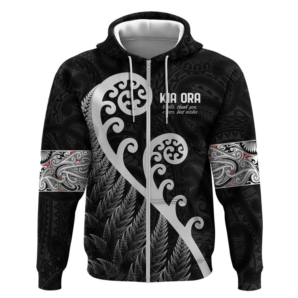Kia Ora Maori Language Zip Hoodie Te Reo Maori Koru Fern Art LT9 Zip Hoodie Black - Polynesian Pride