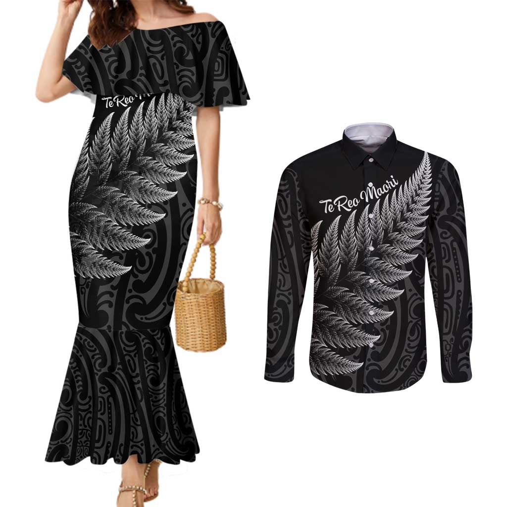 New Zealand Te Reo Māori Couples Matching Mermaid Dress and Long Sleeve Button Shirt Simple Black Fern