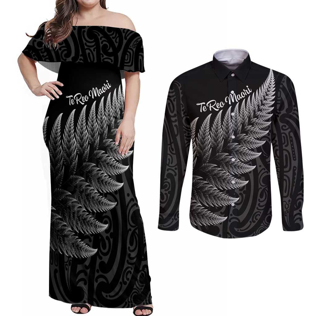 New Zealand Te Reo Māori Couples Matching Off Shoulder Maxi Dress and Long Sleeve Button Shirt Simple Black Fern