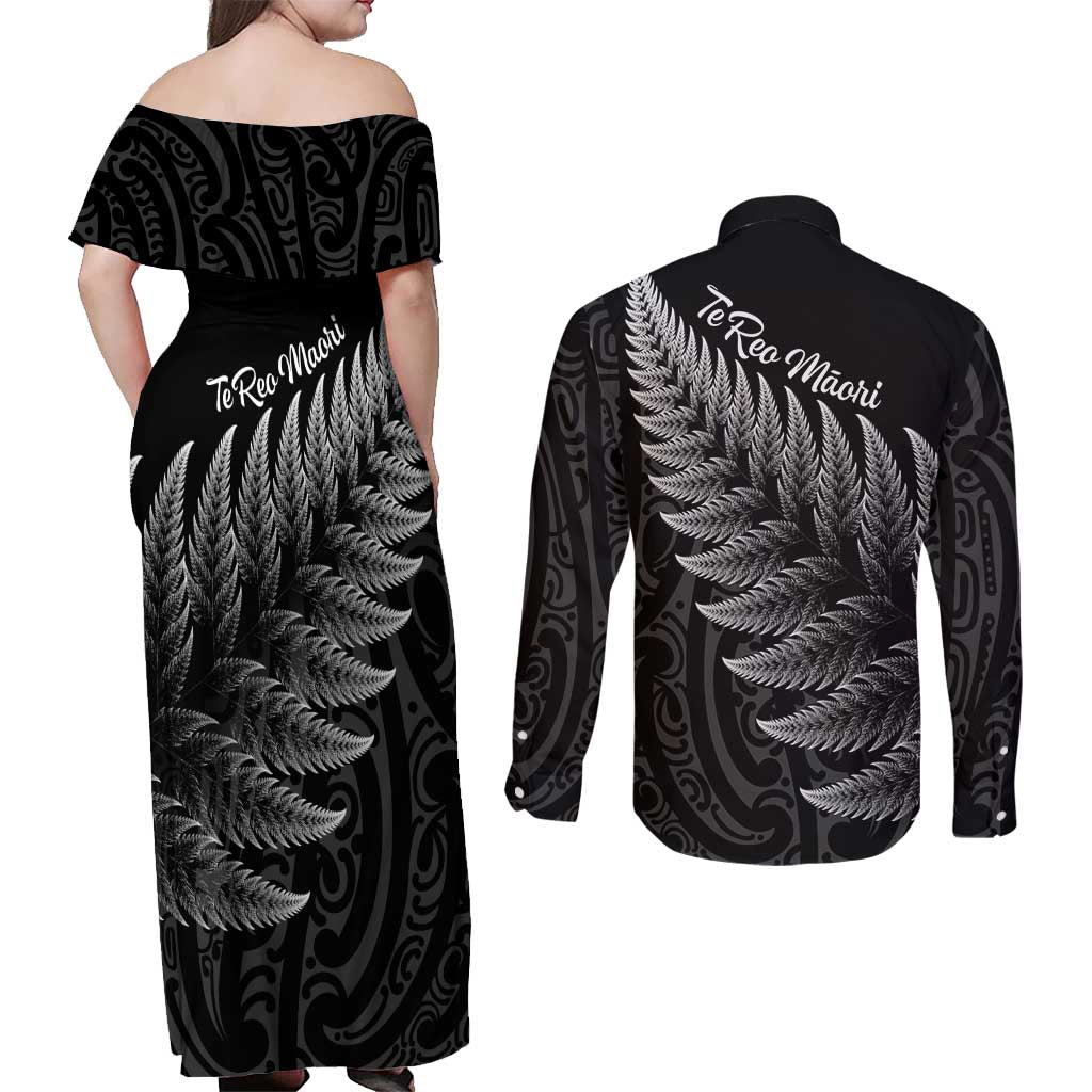 New Zealand Te Reo Māori Couples Matching Off Shoulder Maxi Dress and Long Sleeve Button Shirt Simple Black Fern