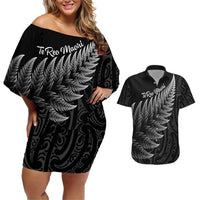 New Zealand Te Reo Māori Couples Matching Off Shoulder Short Dress and Hawaiian Shirt Simple Black Fern