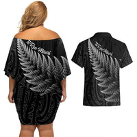 New Zealand Te Reo Māori Couples Matching Off Shoulder Short Dress and Hawaiian Shirt Simple Black Fern