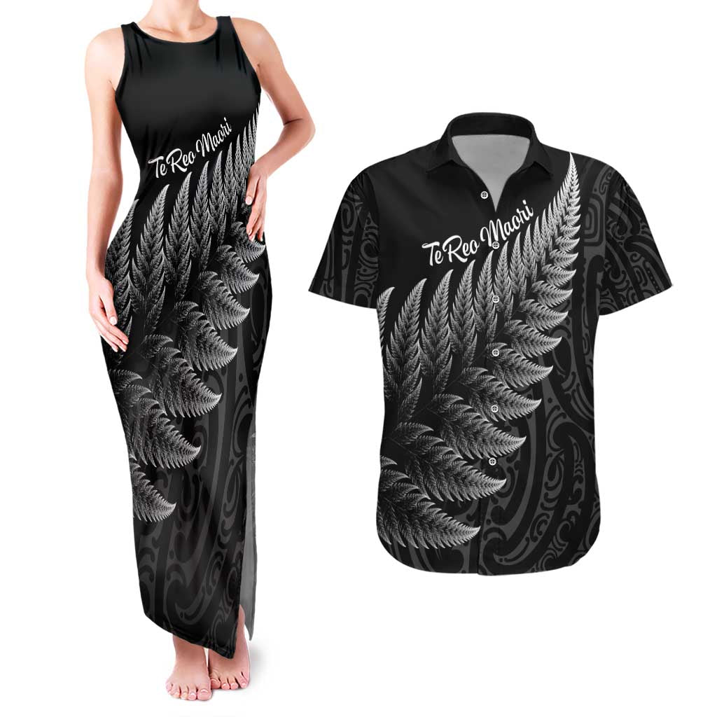 New Zealand Te Reo Mori Couples Matching Tank Maxi Dress and Hawaiian Shirt Simple Black Fern LT9 Black - Polynesian Pride