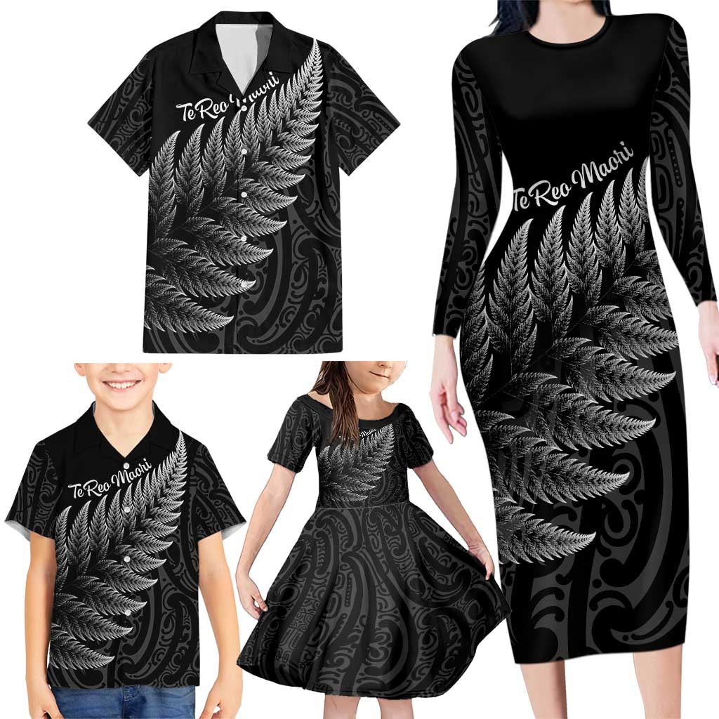 New Zealand Te Reo Mori Family Matching Long Sleeve Bodycon Dress and Hawaiian Shirt Simple Black Fern LT9 - Polynesian Pride