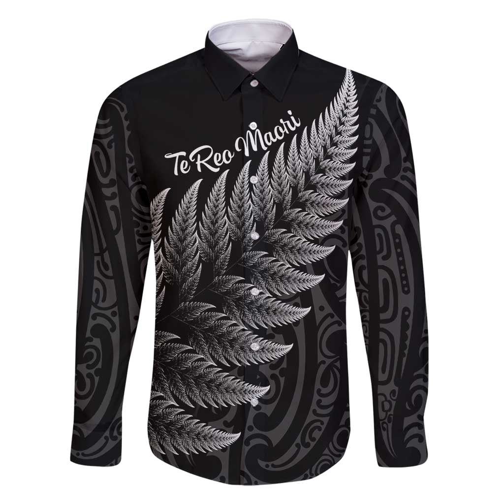 New Zealand Te Reo Mori Family Matching Long Sleeve Bodycon Dress and Hawaiian Shirt Simple Black Fern LT9 Dad's Shirt - Long Sleeve Black - Polynesian Pride