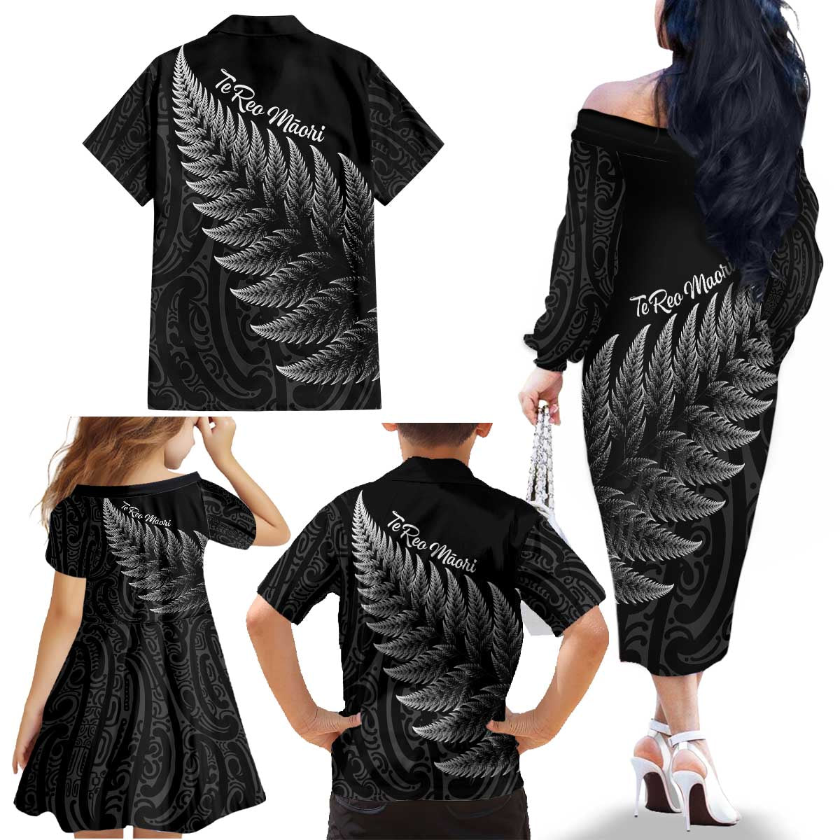 New Zealand Te Reo Māori Family Matching Off The Shoulder Long Sleeve Dress and Hawaiian Shirt Simple Black Fern