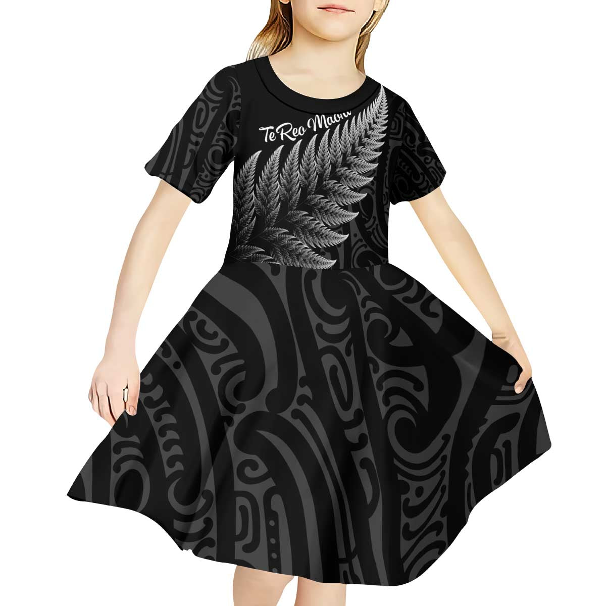New Zealand Te Reo Māori Kid Short Sleeve Dress Simple Black Fern