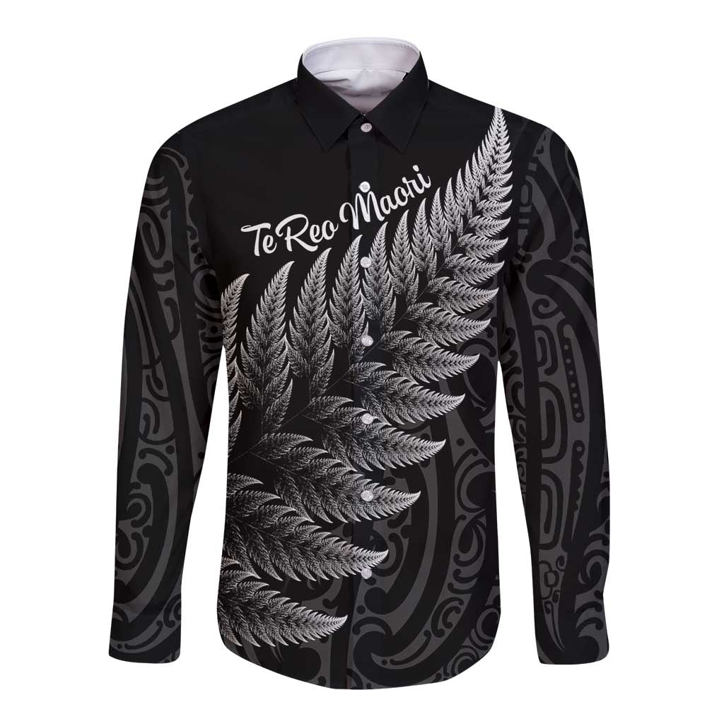 New Zealand Te Reo Mori Long Sleeve Button Shirt Simple Black Fern LT9 Unisex Black - Polynesian Pride