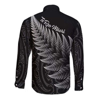New Zealand Te Reo Mori Long Sleeve Button Shirt Simple Black Fern LT9 - Polynesian Pride