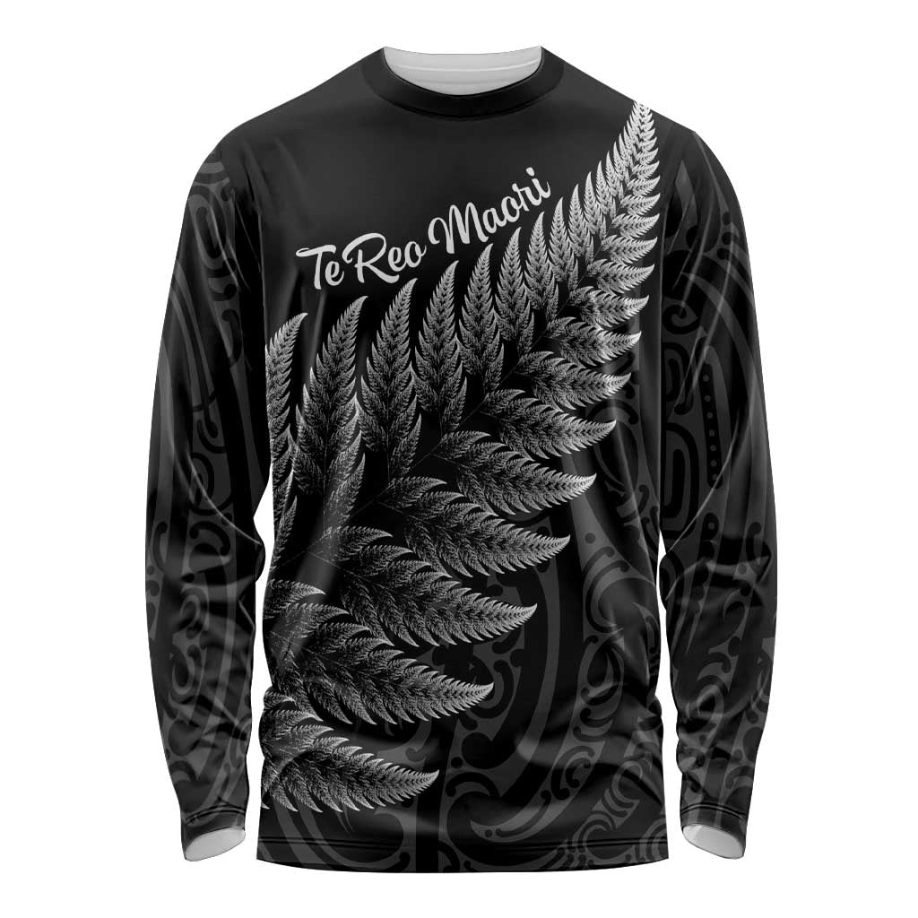 New Zealand Te Reo Mori Long Sleeve Shirt Simple Black Fern LT9 Unisex Black - Polynesian Pride