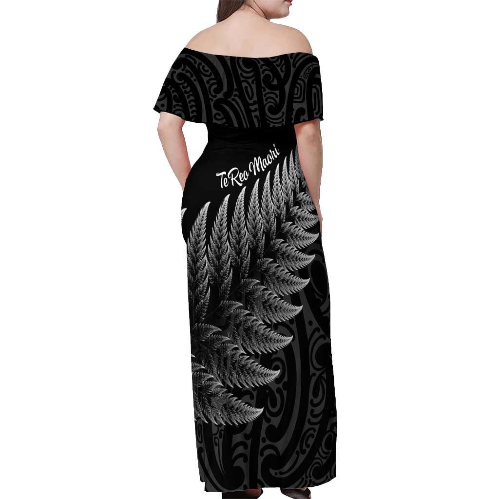 New Zealand Te Reo Mori Off Shoulder Maxi Dress Simple Black Fern LT9 - Polynesian Pride