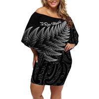 New Zealand Te Reo Mori Off Shoulder Short Dress Simple Black Fern LT9 Women Black - Polynesian Pride