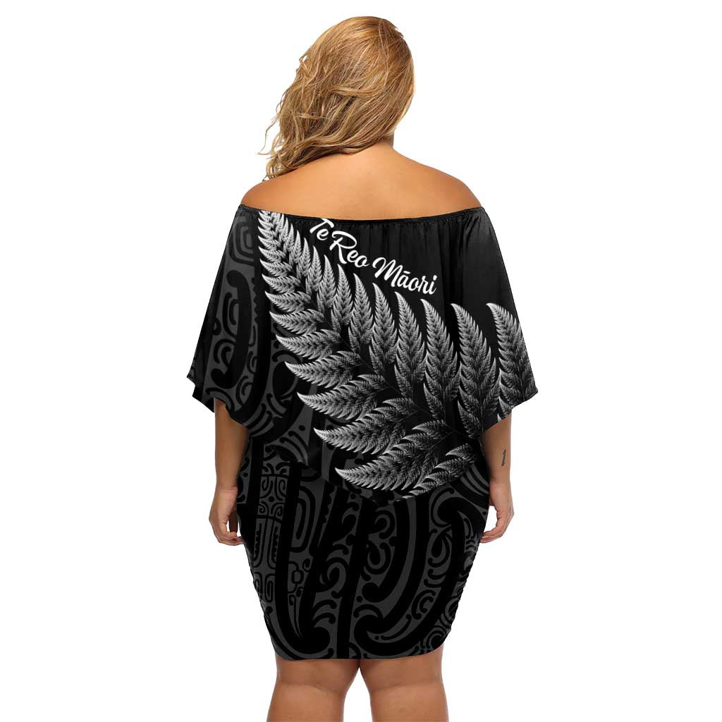 New Zealand Te Reo Mori Off Shoulder Short Dress Simple Black Fern LT9 - Polynesian Pride