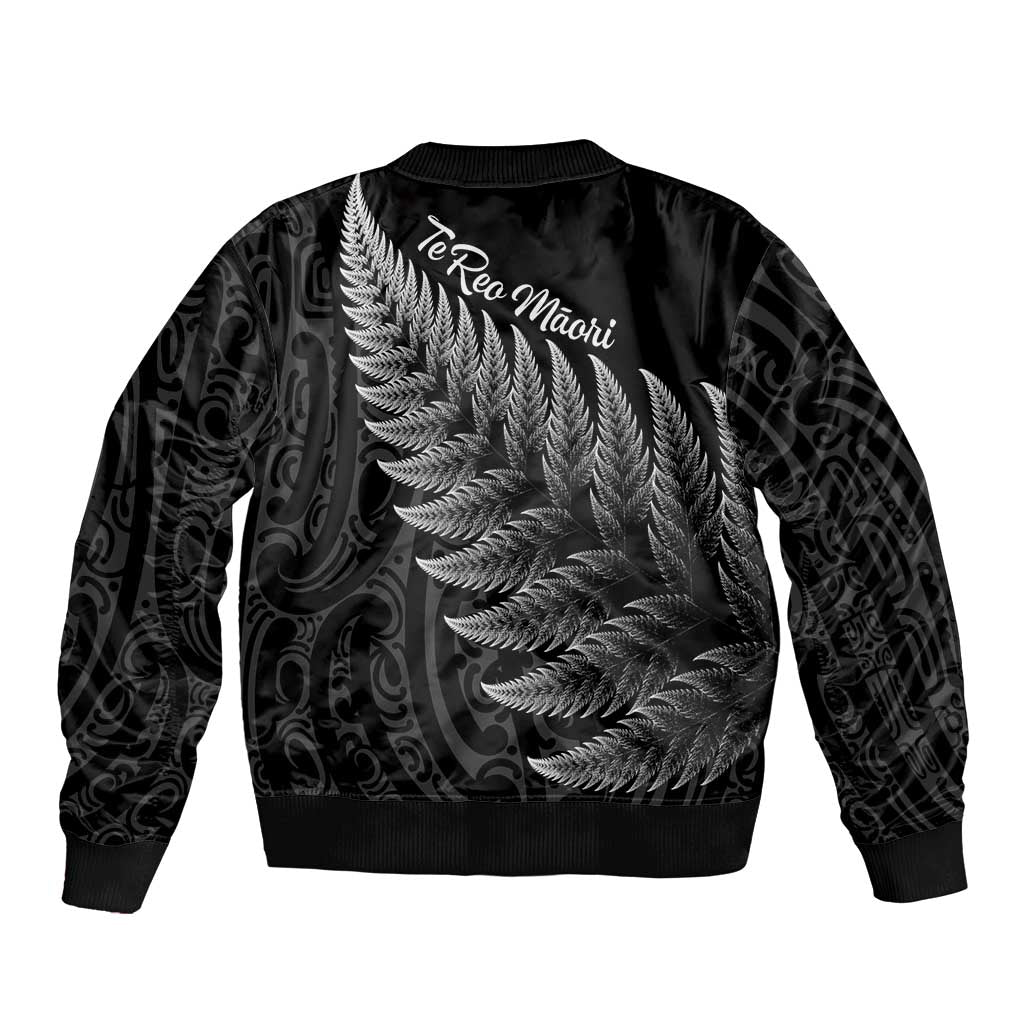New Zealand Te Reo Māori Sleeve Zip Bomber Jacket Simple Black Fern