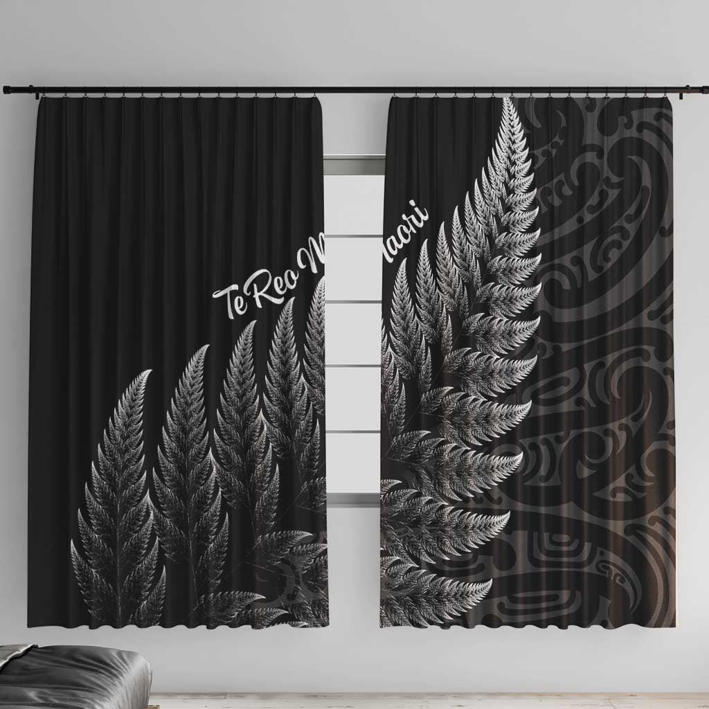 New Zealand Te Reo Mori Window Curtain Simple Black Fern LT9 With Hooks Black - Polynesian Pride