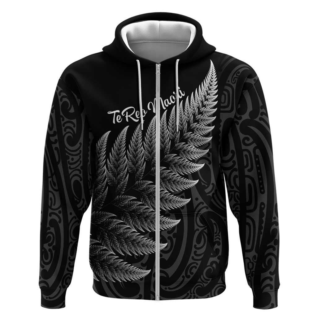 New Zealand Te Reo Mori Zip Hoodie Simple Black Fern LT9 Zip Hoodie Black - Polynesian Pride