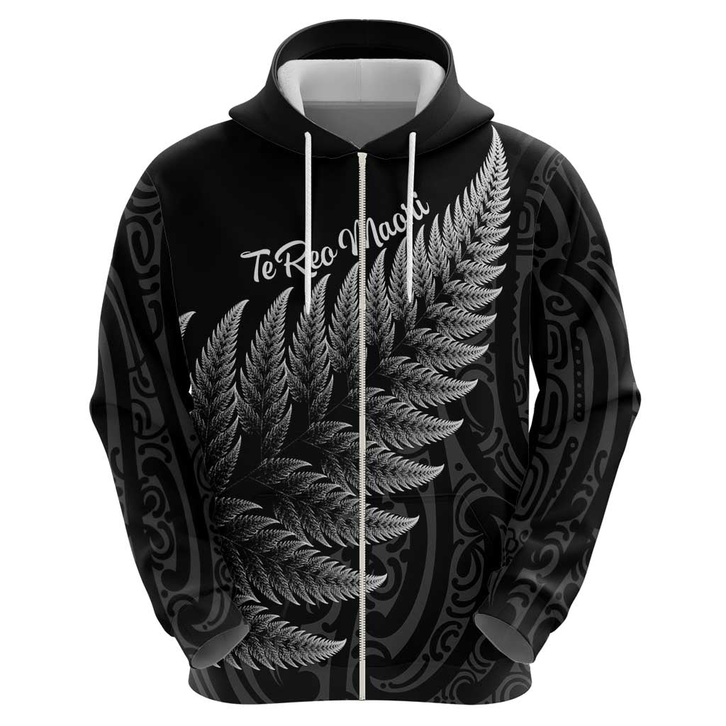 New Zealand Te Reo Mori Zip Hoodie Simple Black Fern LT9 - Polynesian Pride
